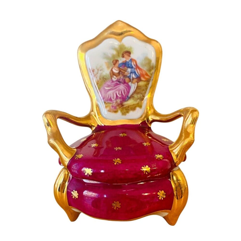 Vintage Limoges France Trinket Box Victorian Chair Porcelain Collectible